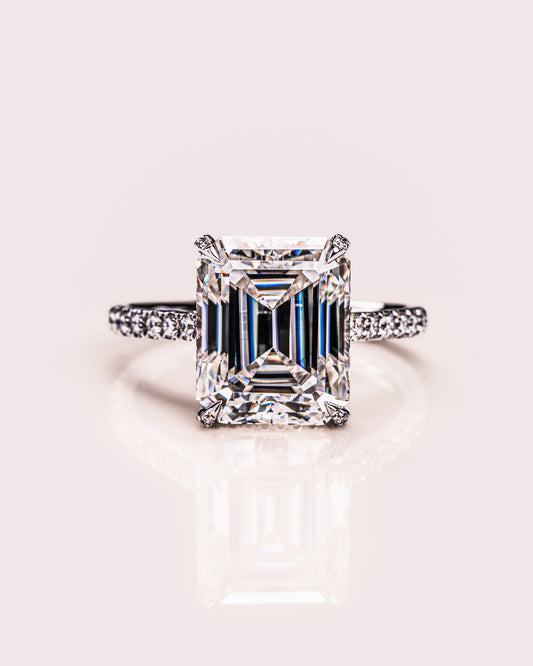 3.42 CT Emerald Cut Solitaire Moissanite Engagement Ring With Hidden Halo Setting