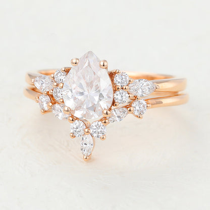 1.20 CT Pear Moissanite Cluster Bridal Ring Set