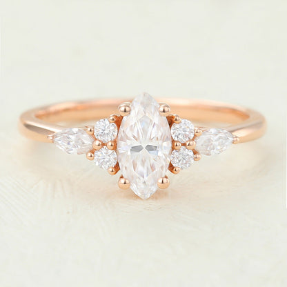 0.47 CT Marquise Shaped Moissanite Cluster Engagement Ring