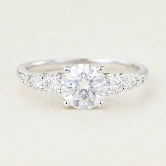 0.88 CT Round Shaped Moissanite Seven Stone Engagement Ring