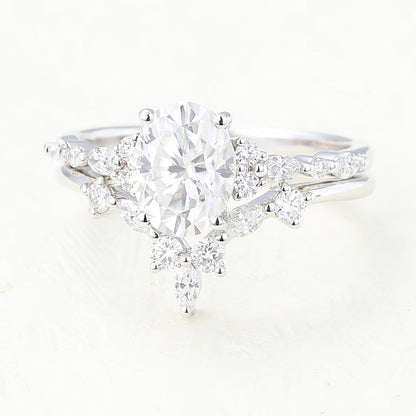 1.33 CT Oval Moissanite Cluster Bridal Ring Set