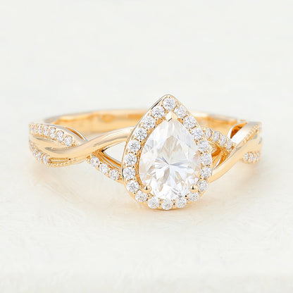 0.43 CT Pear Shaped Moissanite Halo & Twisted Pave Engagement Ring