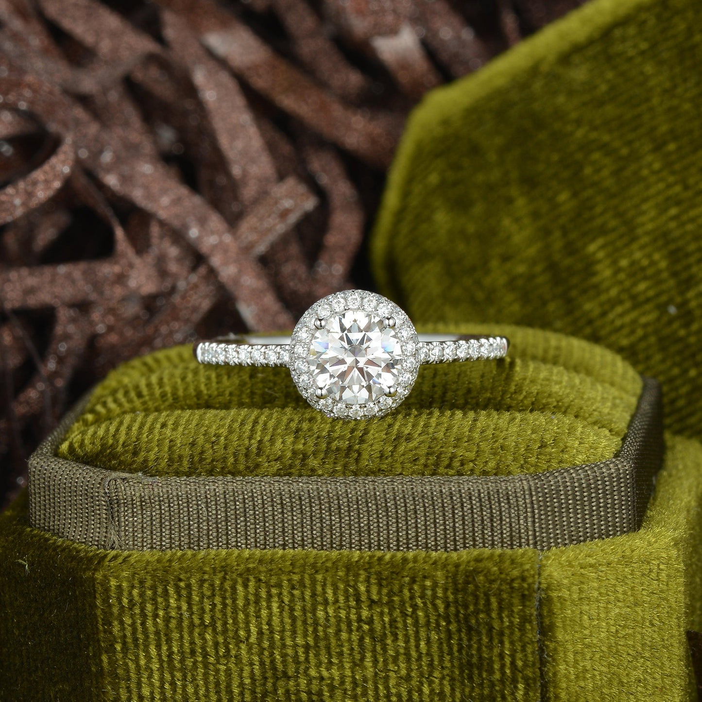 1.0 CT Round Cut Halo Pave Moissanite Engagement Ring