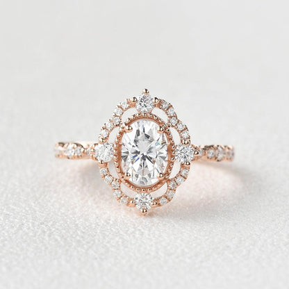 1.33 CT Oval Cut Art Deco Pave Moissanite Engagement Ring