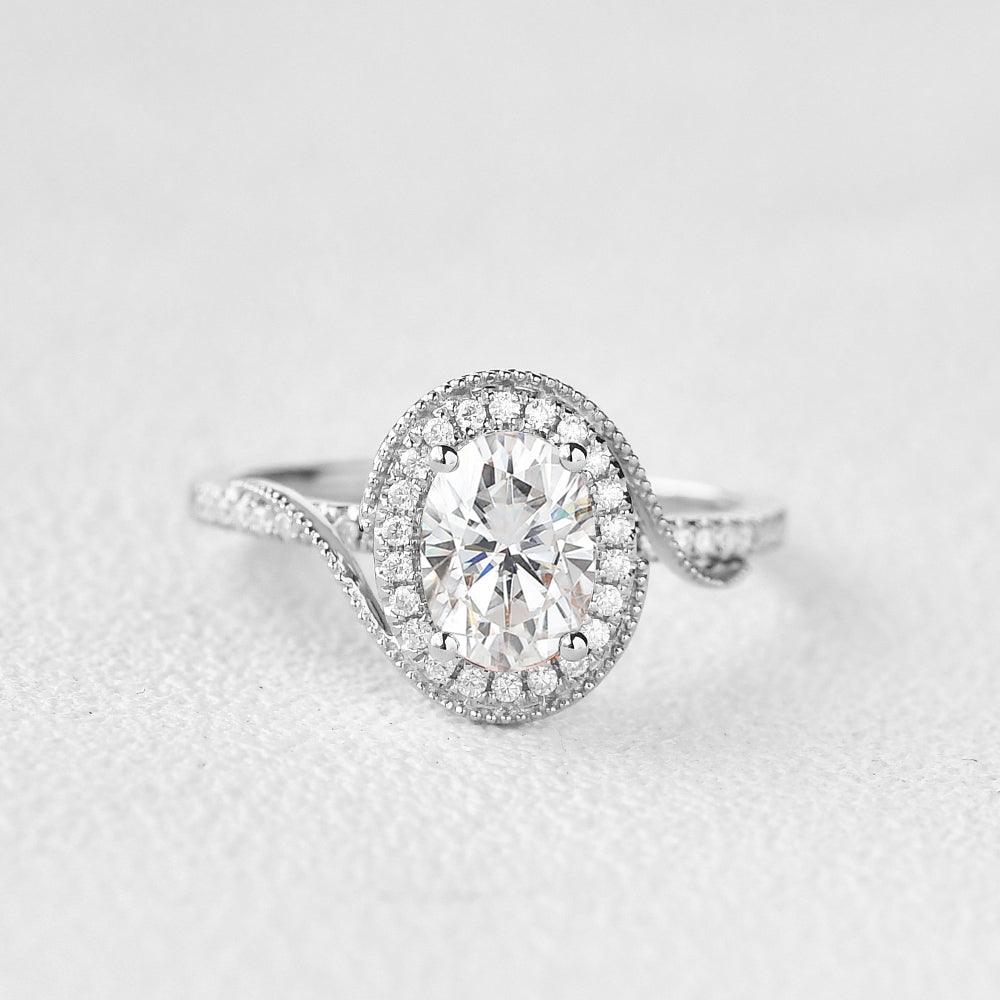 1.33 CT Oval Cut Halo Pave Moissanite Engagement Ring