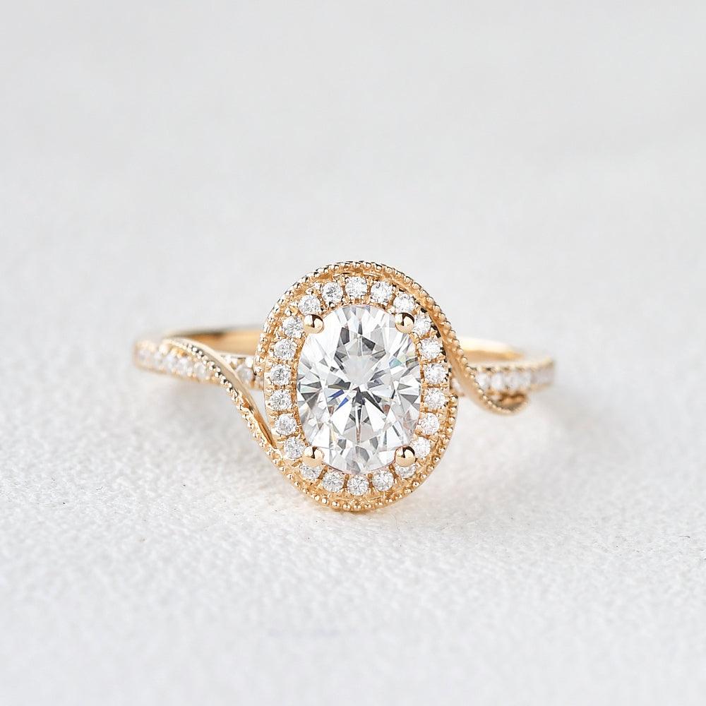 1.33 CT Oval Cut Halo Pave Moissanite Engagement Ring