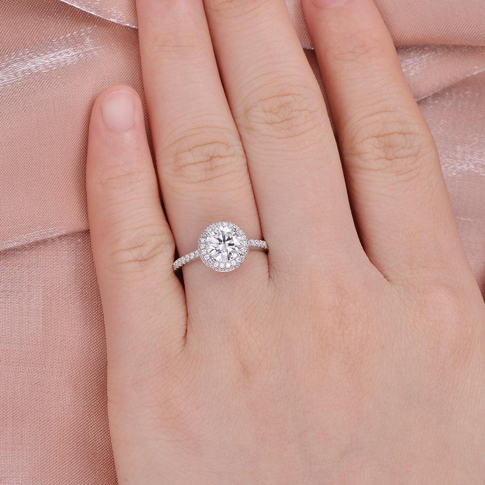 1.0 CT Round Cut Halo Pave Moissanite Engagement Ring