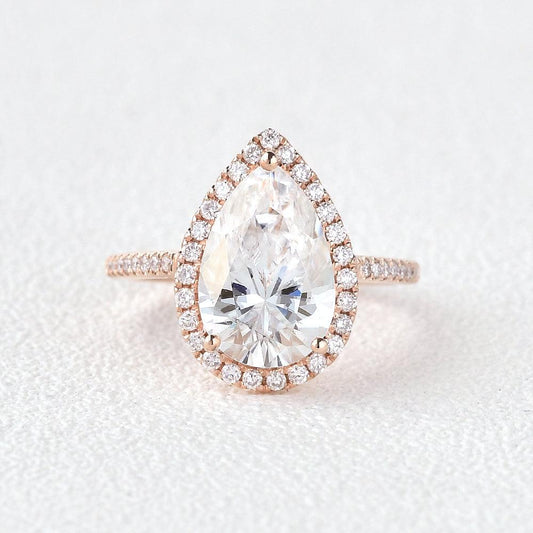 3.1 CT Pear Cut Halo Pave Moissanite Engagement Ring