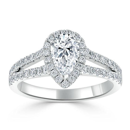 0.75 CT Pear Cut Halo Split Shank Setting Moissanite Engagement Ring