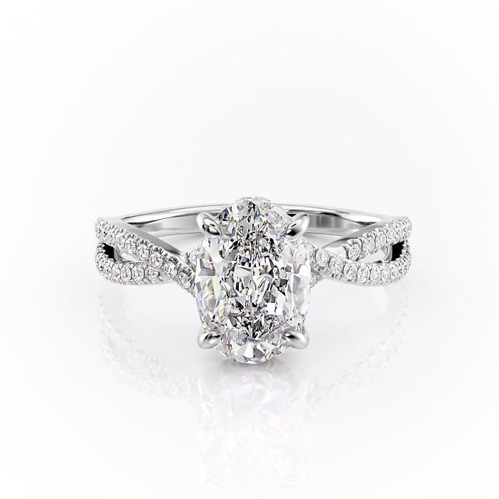 2.10 CT Oval Solitaire Cross Over Pave Set Moissanite Engagement Ring