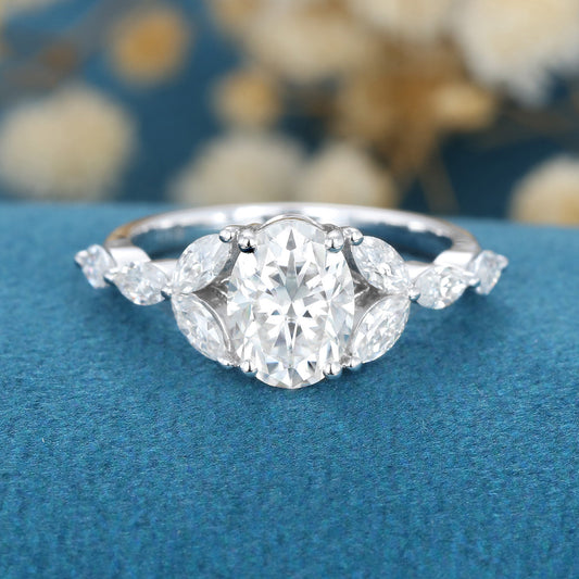 1.33 CT Oval Shaped Moissanite Cluster Engagement Ring