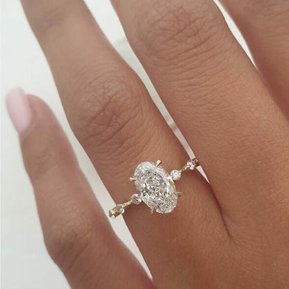 2.10 CT Oval Cut Solitaire & Dainty Pave Moissanite Engagement Ring