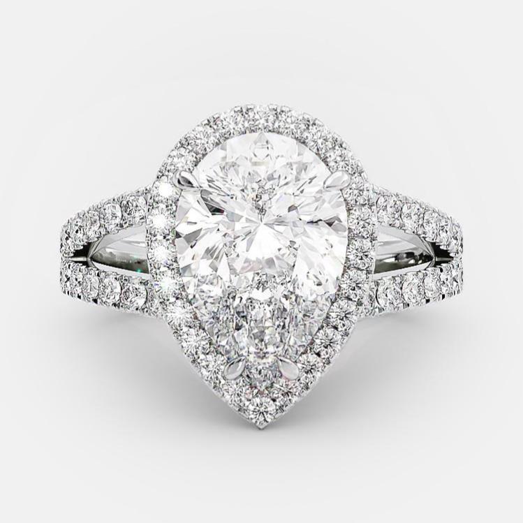 2.25 CT Pear Halo & Split Shank  Moissanite Engagement Ring