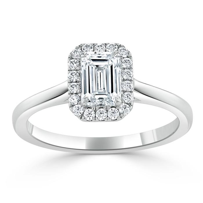 0.75 CT Emerald Cut Halo Moissanite Engagement Ring