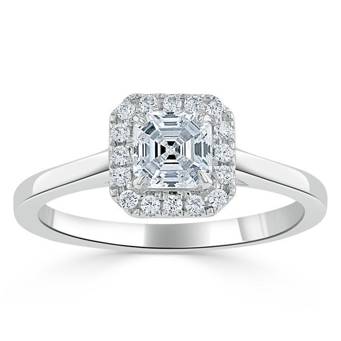 0.75 CT Asscher Cut Halo Moissanite Engagement Ring