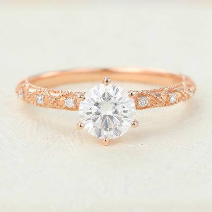 0.68 CT Round Shaped Moissanite Vintage Style  Engagement Ring