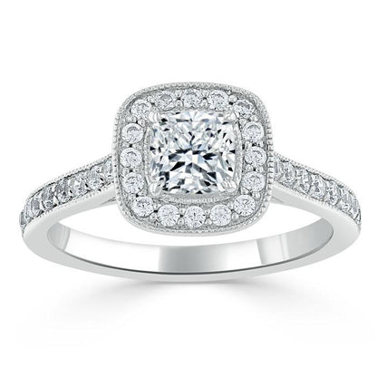 1.0 CT Cushion Cut Moissanite Halo Channel Pave Engagement Ring