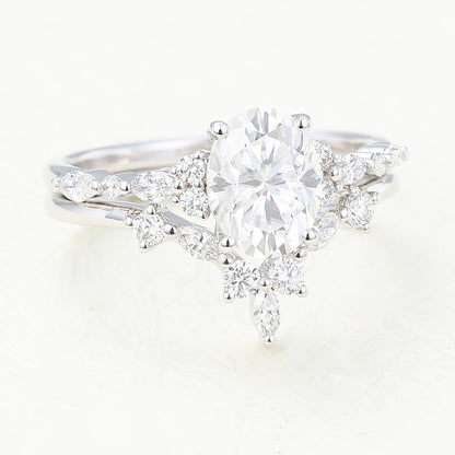 1.33 CT Oval Moissanite Cluster Bridal Ring Set