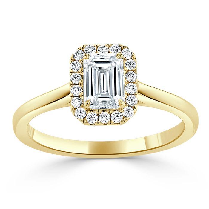 0.75 CT Emerald Cut Halo Moissanite Engagement Ring