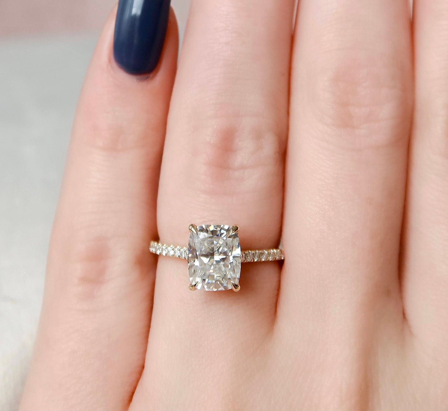 2.5 CT Cushion Hidden Halo & Pave Setting Moissanite Engagement Ring