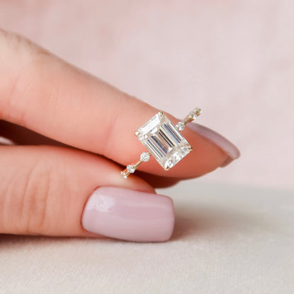 3.0 CT Emerald Cut Dainty Style Pave Moissanite Engagement Ring