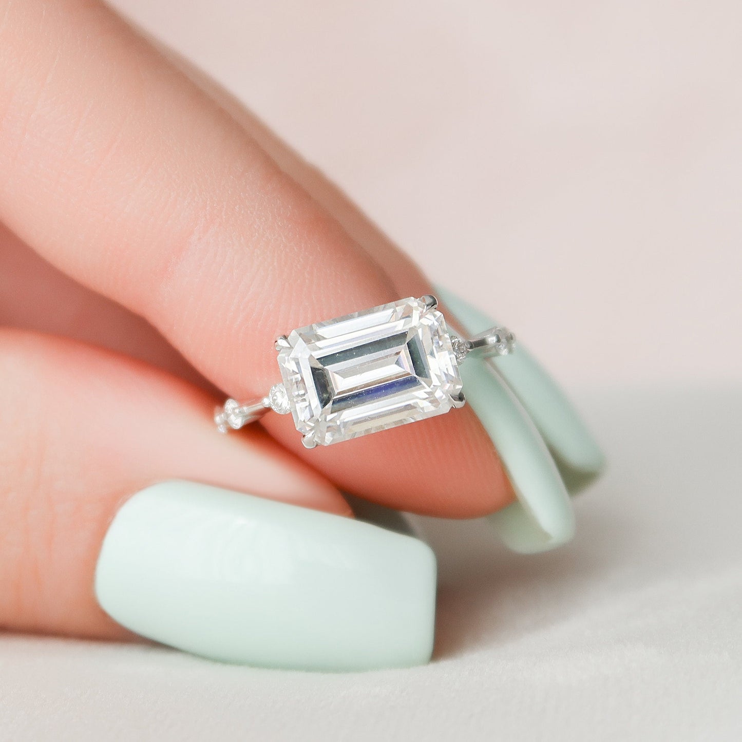 3.0 CT Emerald Cut Solitaire & Dainty Pave Moissanite Engagement Ring