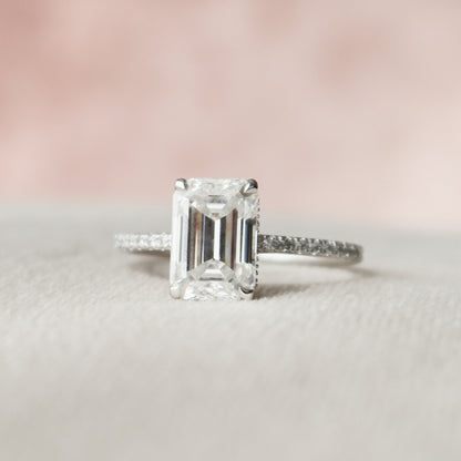 3.0 CT Emerald Cut Hidden Halo & Pave Moissanite Engagement Ring