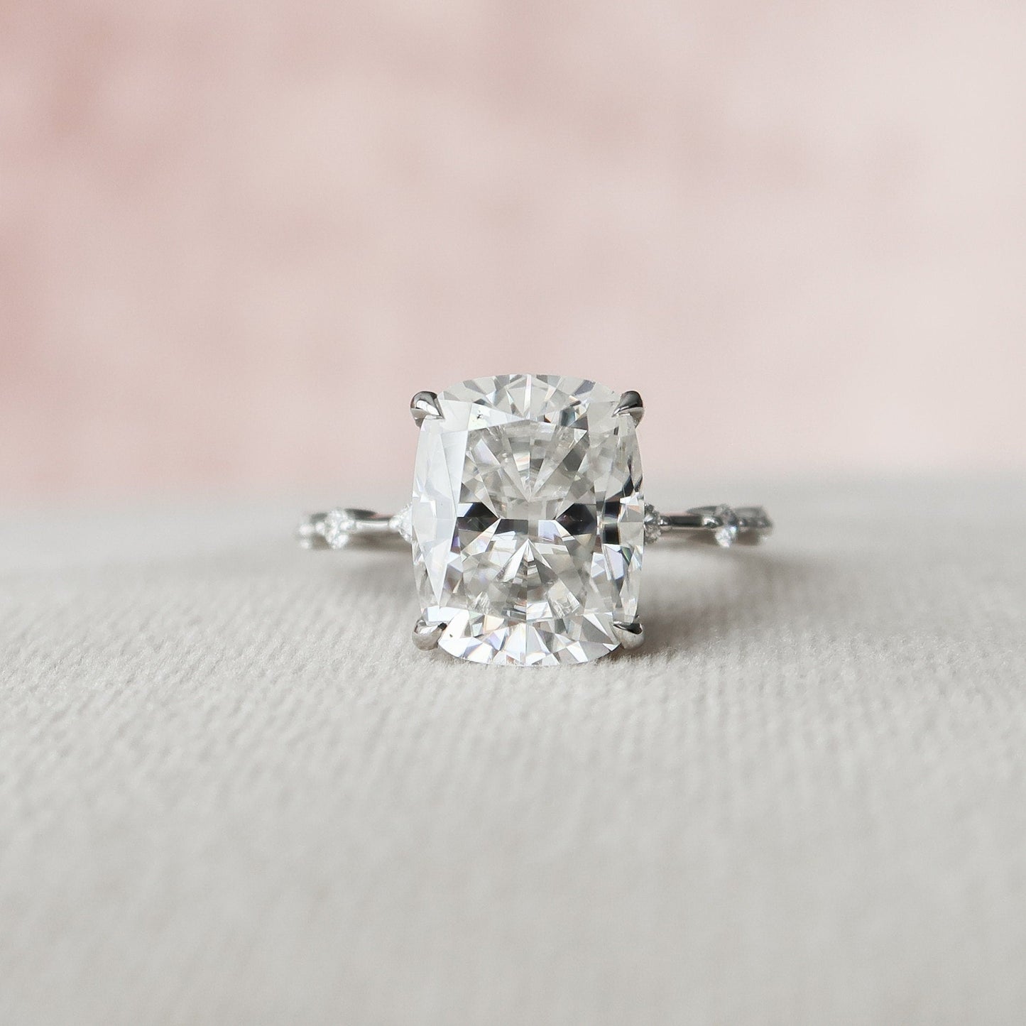 5.0 CT Cushion Solitaire & Dainty Pave Moissanite Engagement Ring