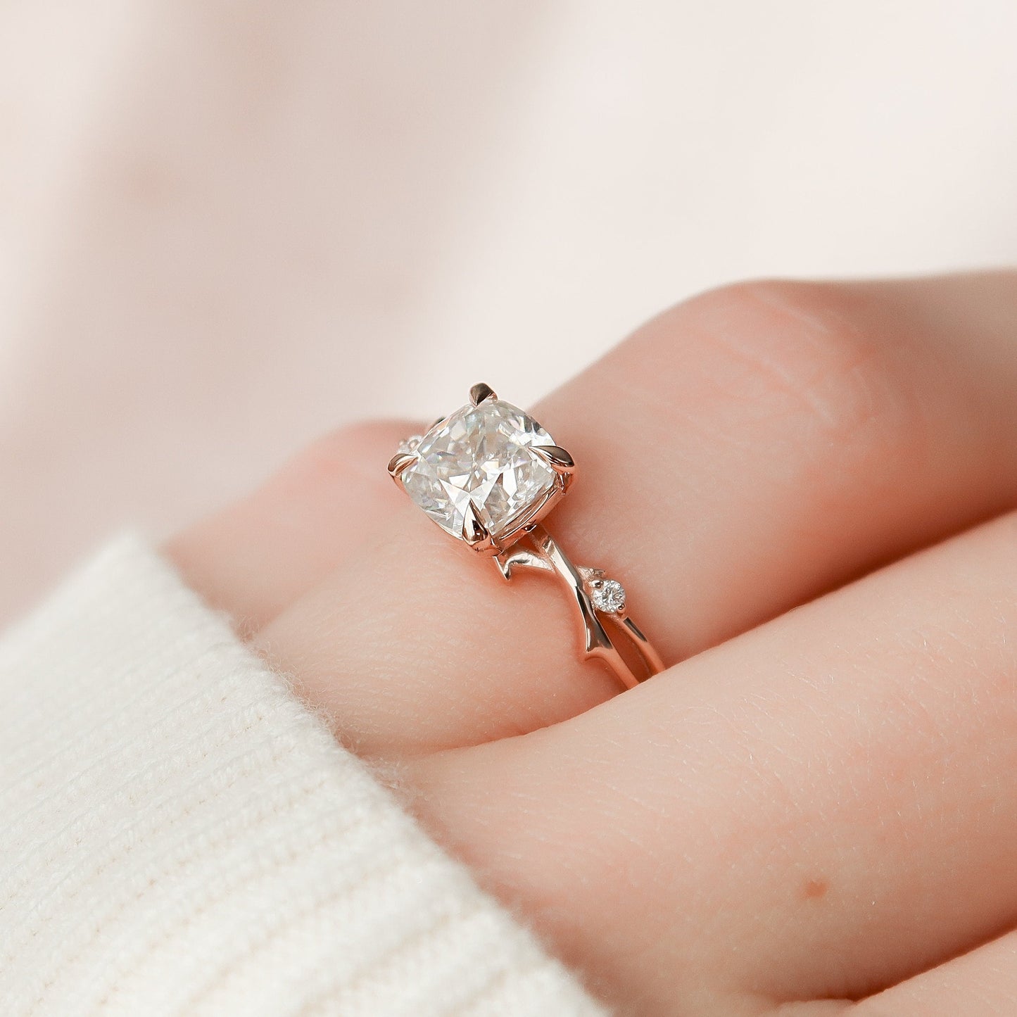 1.50 CT Cushion Twig Style Moissanite Engagement Ring