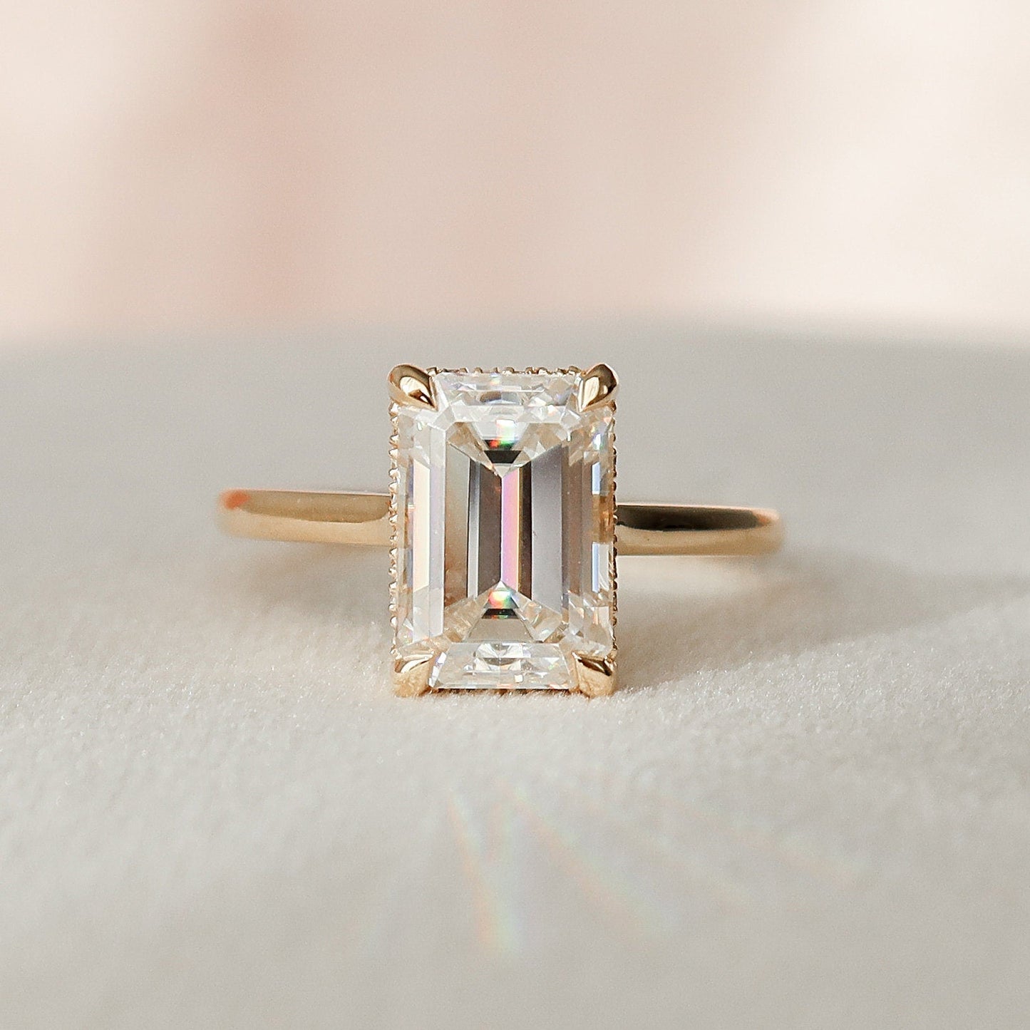 3.0 CT Emerald Cut Solitaire & Hidden Halo Moissanite Engagement Ring