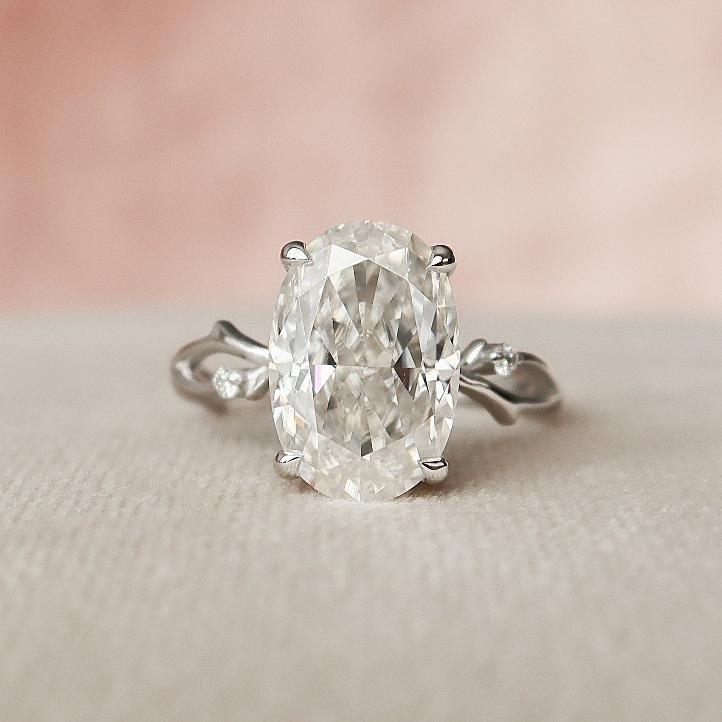 3.5 CT Oval Cut Solitaire & Twig Pave Moissanite Engagement Ring