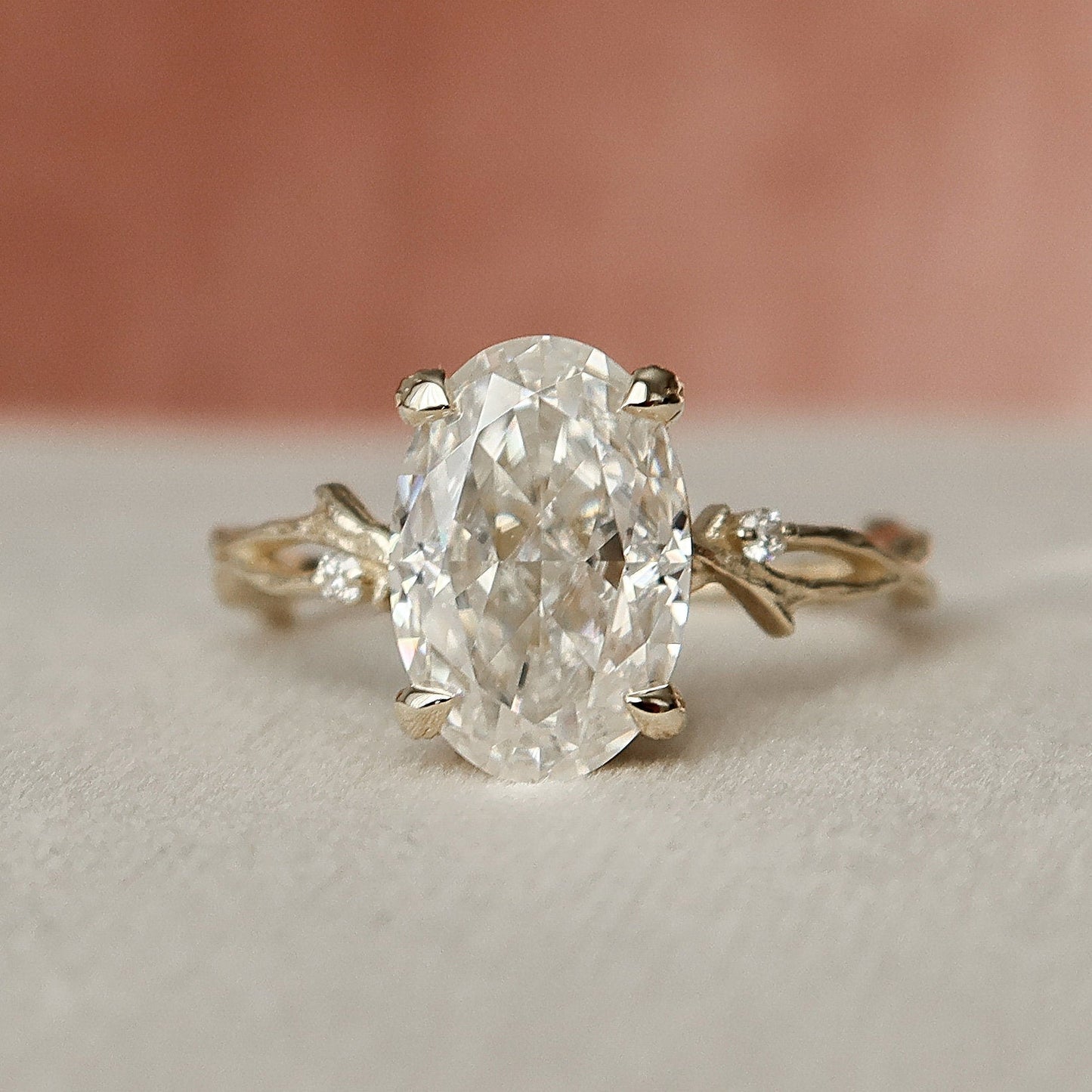 3.5 CT Oval Cut Solitaire & Twig Pave Moissanite Engagement Ring