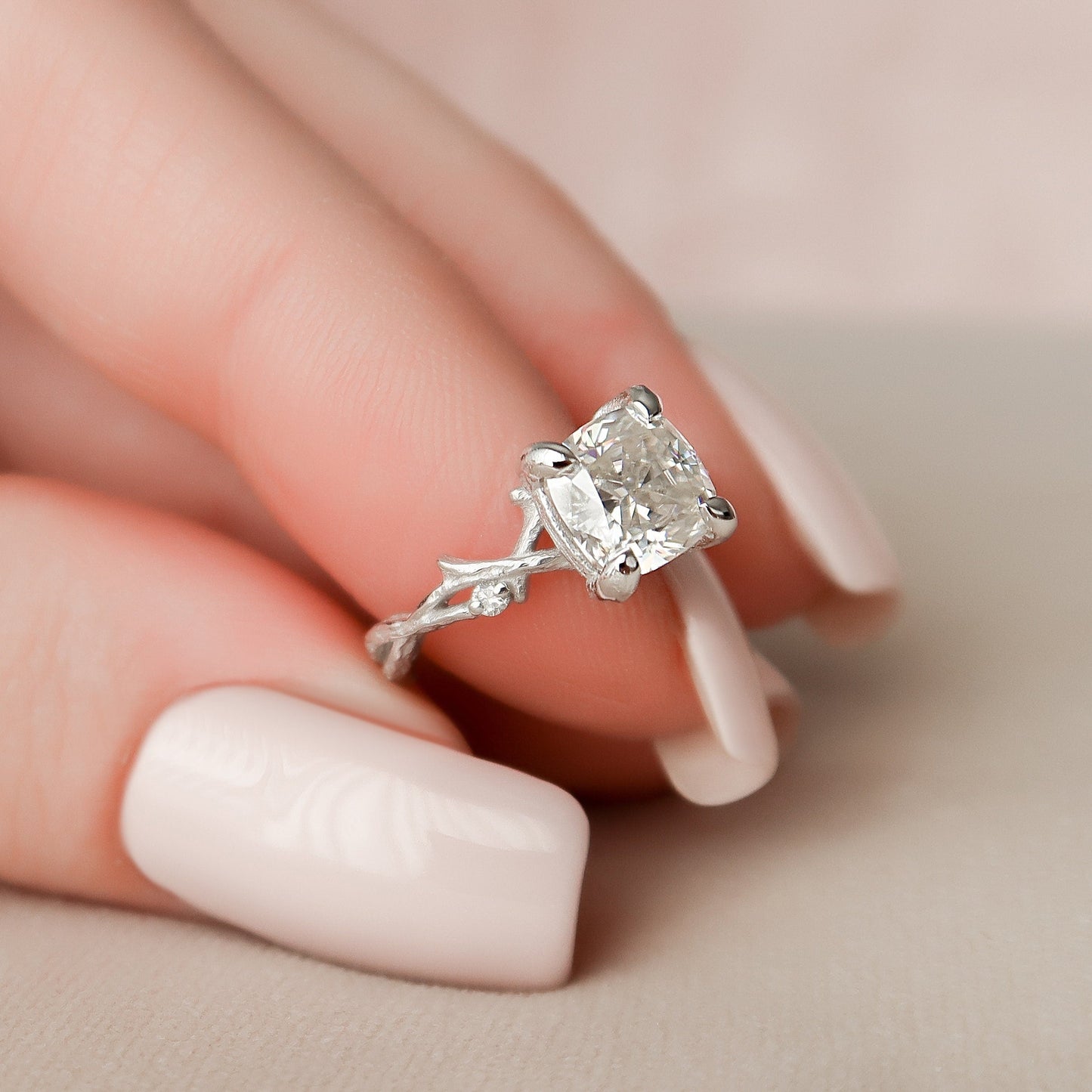 1.50 CT Cushion Twig Style Moissanite Engagement Ring