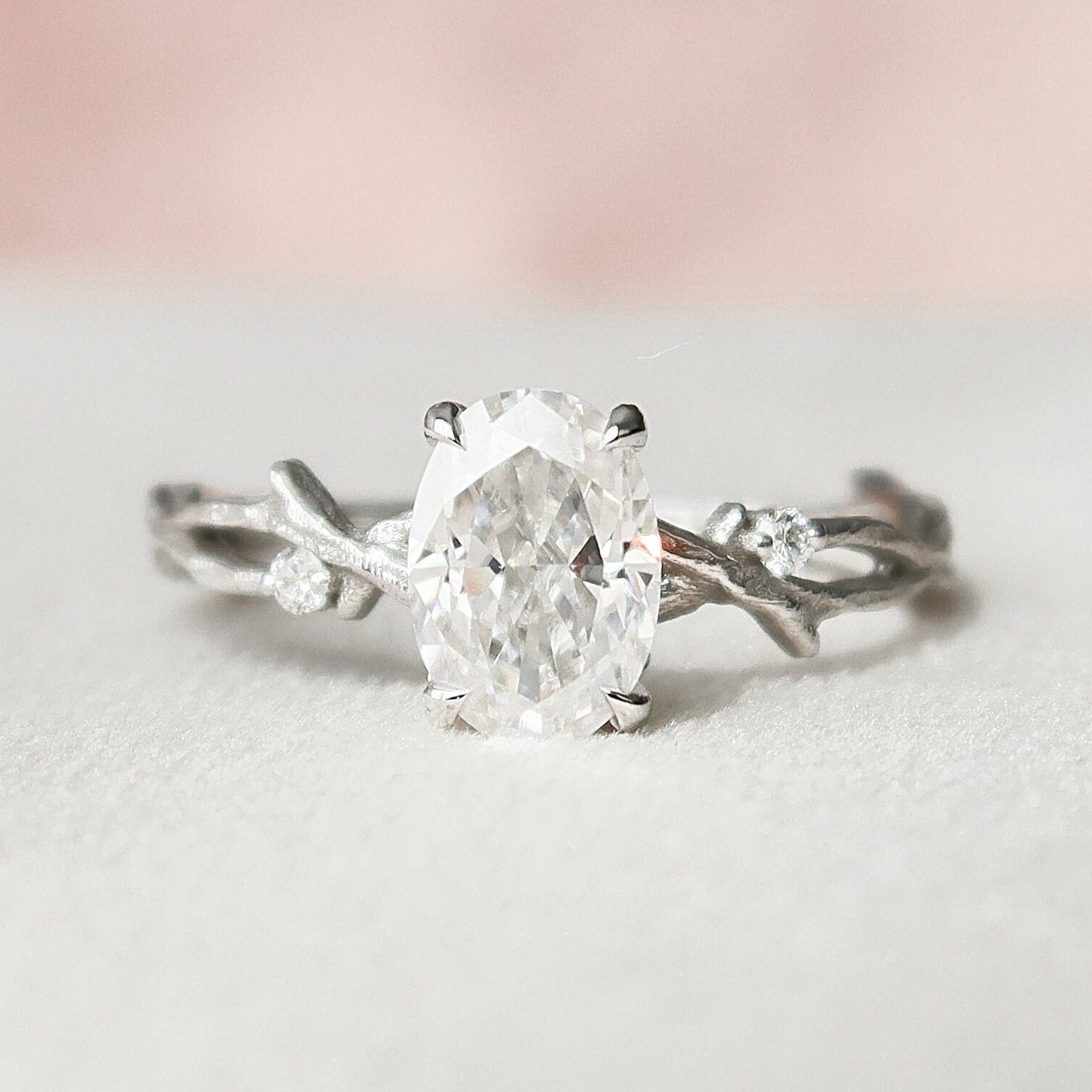 1.0 CT Oval Cut Solitaire & Twig Pave Moissanite Engagement Ring