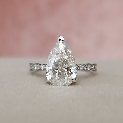 3.0 CT Pear Solitaire Milgrain Pave Moissanite Engagement Ring