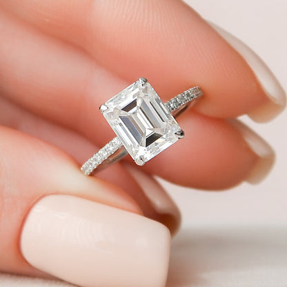 3.0 CT Emerald Cut Hidden Halo & Pave Moissanite Engagement Ring