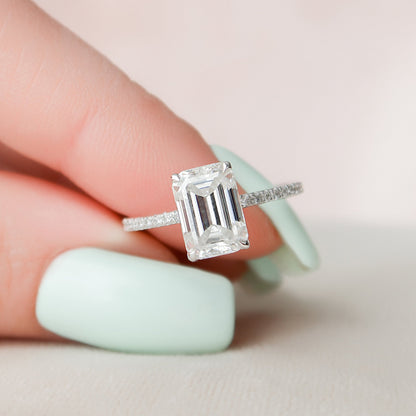 3.0 CT Emerald Cut Hidden Halo & Pave Moissanite Engagement Ring