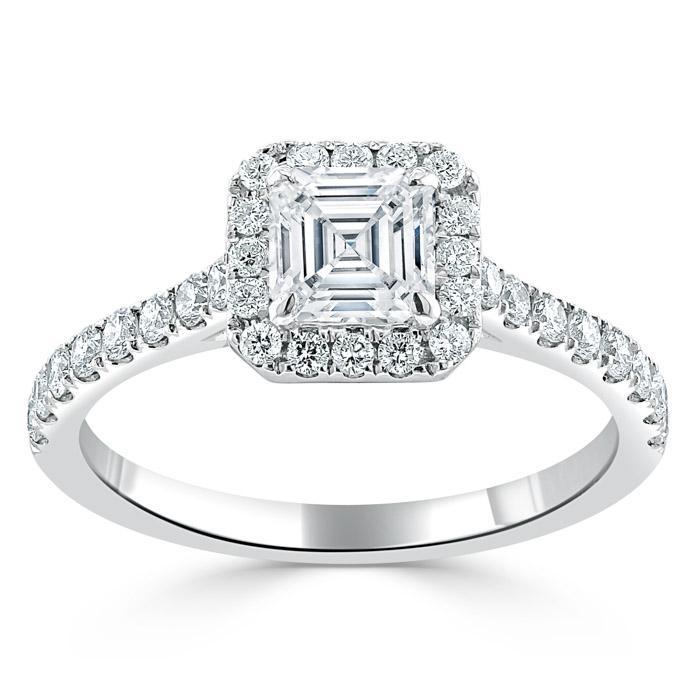 1.0 CT Asscher Cut Halo Pave Moissanite Engagement Ring